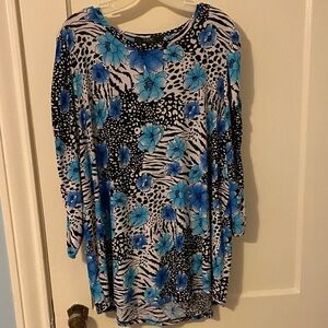 Blue Floral & Black Patterned Long Sleeve Tunic Top